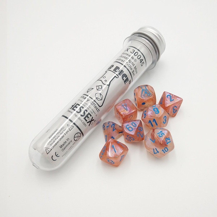 Rollespil EPIC PANDA Rollespilsterninger | Borealis Rose Gold Light Blue Luminary Effect Lab Dice - Rollespilsterninger- Chessex